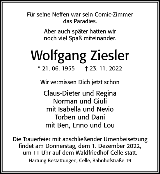 Traueranzeige von Wolfgang Ziesler von Cellesche Zeitung