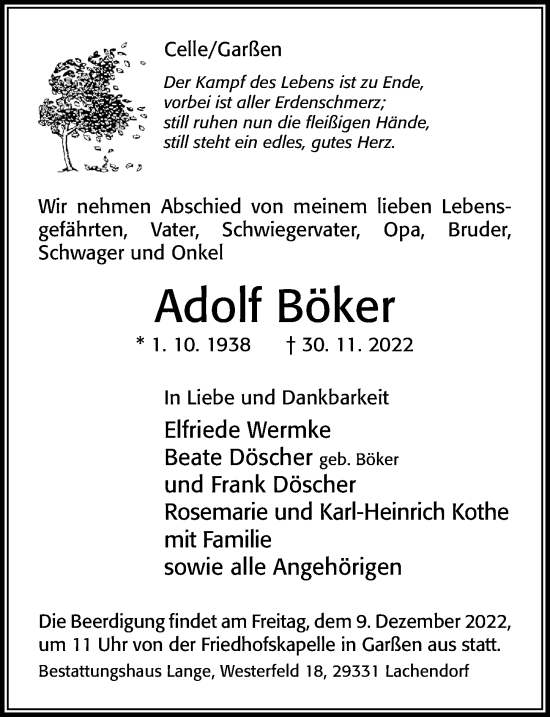 Traueranzeige von Adolf Böker von Cellesche Zeitung