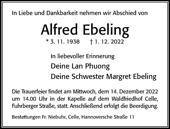 Traueranzeige von Alfred Ebeling von Cellesche Zeitung