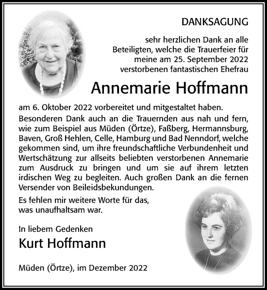 Traueranzeige von Annemarie Hoffmann von Cellesche Zeitung
