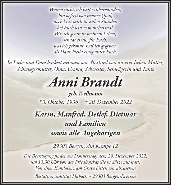 Traueranzeige von Anni Brandt von Cellesche Zeitung