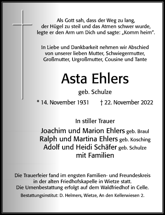 Traueranzeige von Asta Ehlers von Cellesche Zeitung