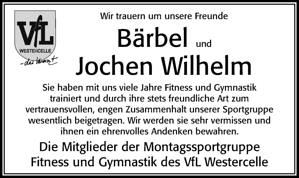  Traueranzeige für Bärbel Wilhelm vom 24.12.2022 aus Cellesche Zeitung