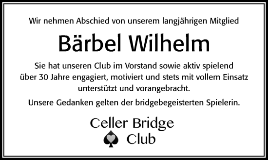 Traueranzeige von Bärbel Wilhelm von Cellesche Zeitung