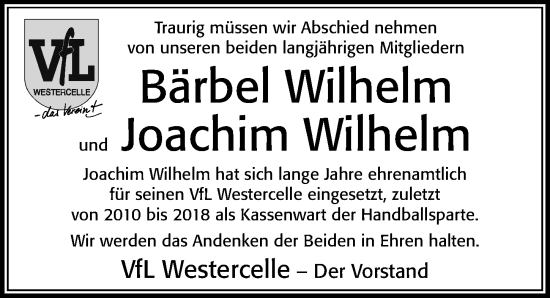 Traueranzeige von Bärbel Wilhelm von Cellesche Zeitung