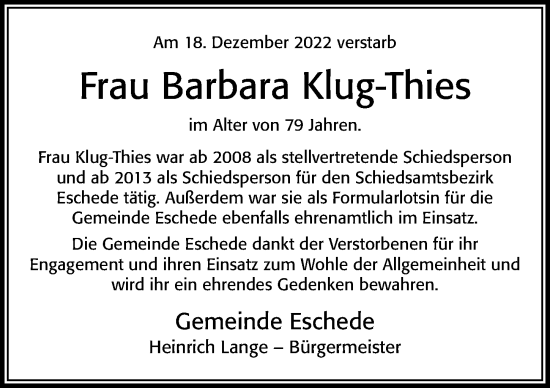 Traueranzeige von Barbara Klug-Thies von Cellesche Zeitung