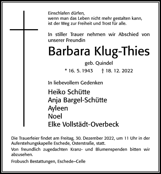 Traueranzeige von Barbara Klug-Thies von Cellesche Zeitung