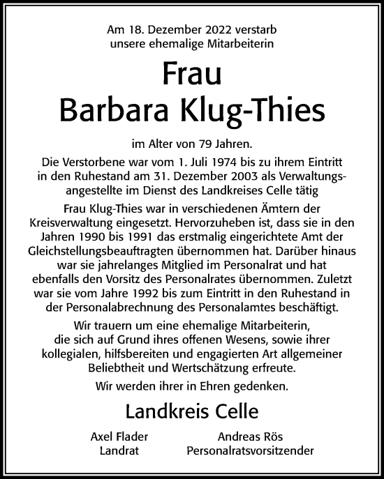 Traueranzeige von Barbara Klug-Thies von Cellesche Zeitung