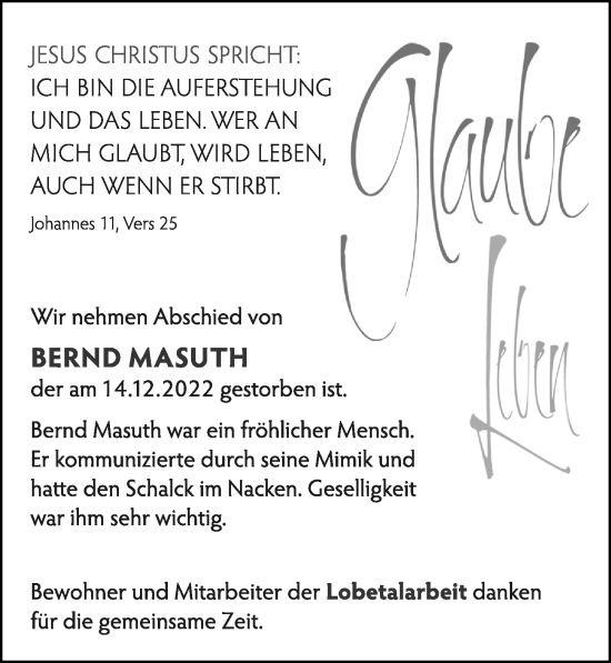 Traueranzeige von Bernd Masuth von Cellesche Zeitung