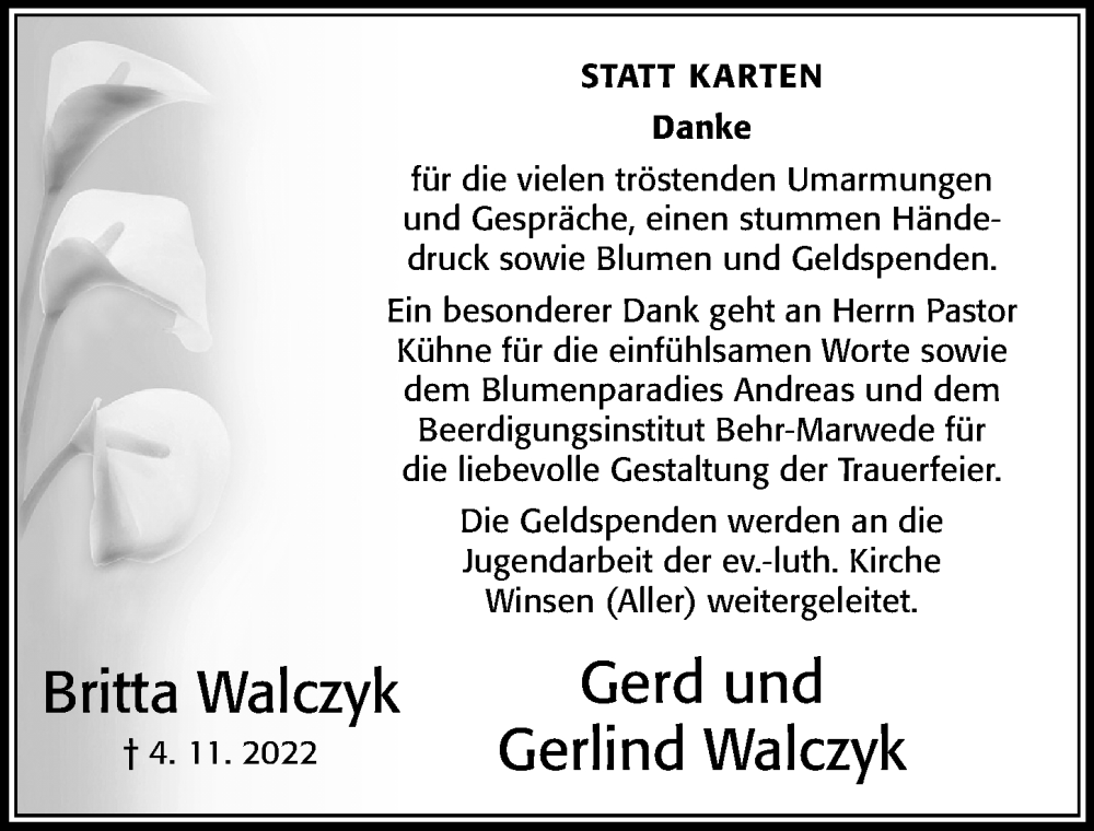  Traueranzeige für Britta Walczyk vom 10.12.2022 aus Cellesche Zeitung