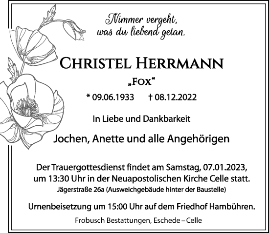 Traueranzeige von Christel Herrmann von Cellesche Zeitung
