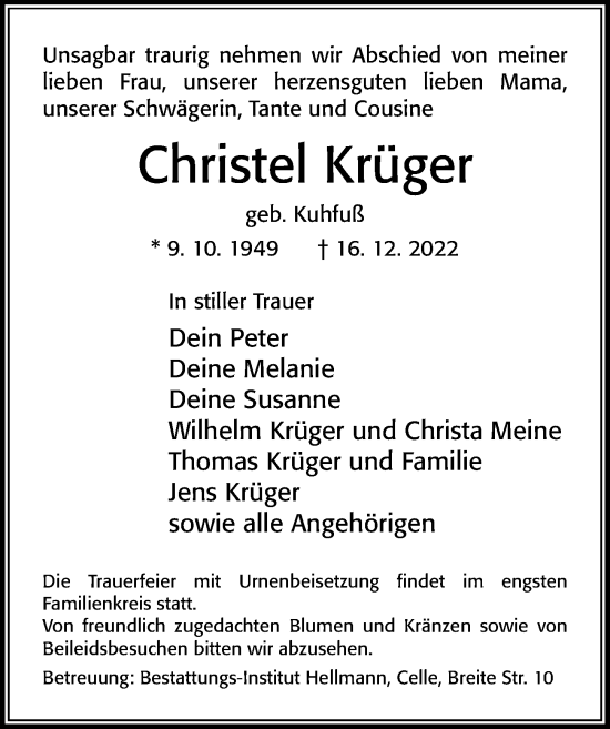 Traueranzeige von Christel Krüger von Cellesche Zeitung