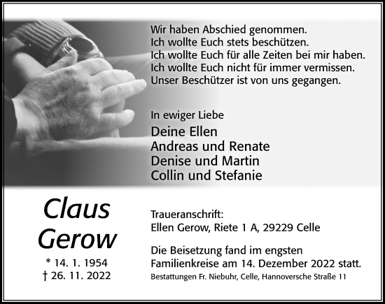 Traueranzeige von Claus Gerow von Cellesche Zeitung