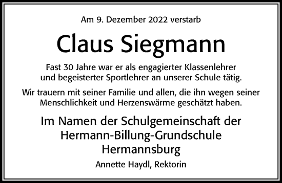 Traueranzeige von Claus Siegmann von Cellesche Zeitung