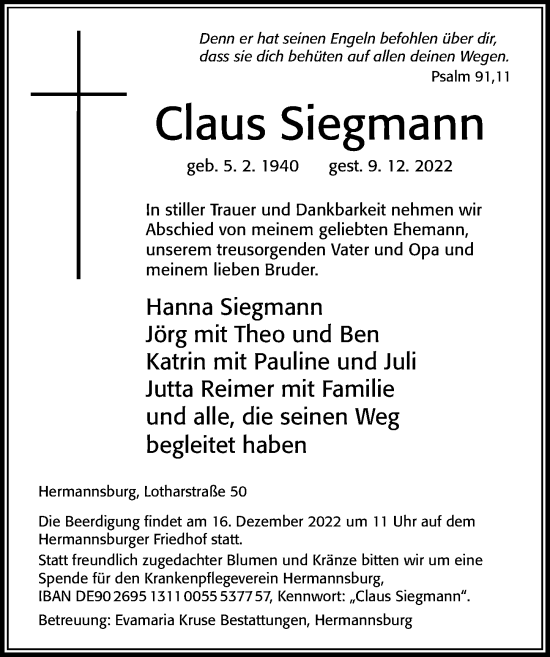 Traueranzeige von Claus Siegmann von Cellesche Zeitung