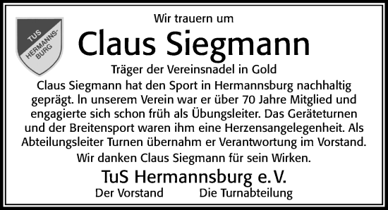 Traueranzeige von Claus Siegmann von Cellesche Zeitung