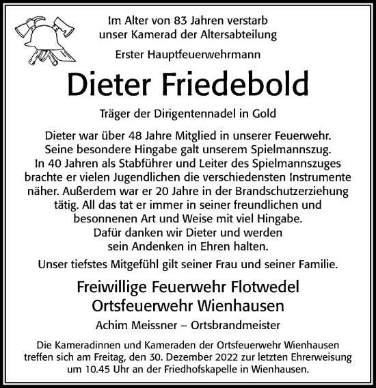 Traueranzeige von Dieter Friedebold von Cellesche Zeitung