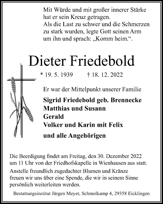 Traueranzeige von Dieter Friedebold von Cellesche Zeitung