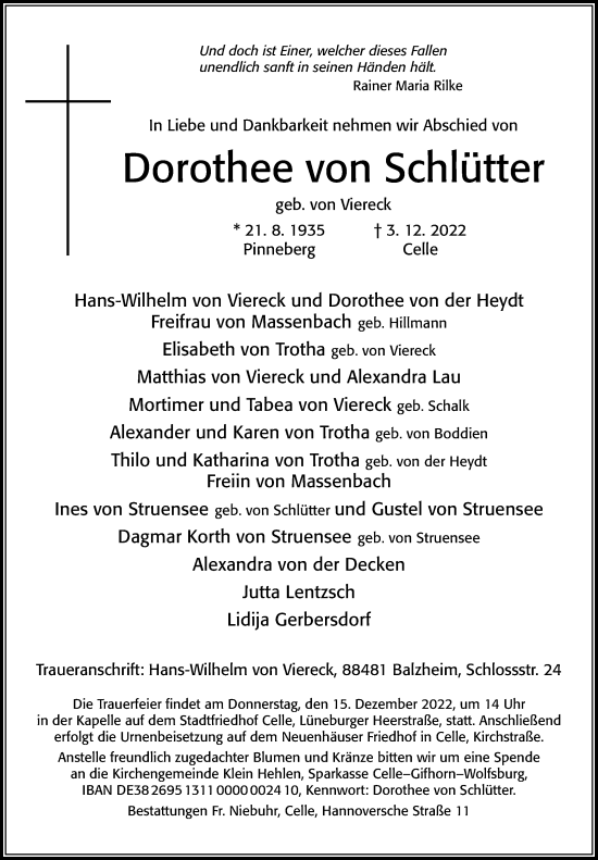 Traueranzeige von Dorothee von Schlütter von Cellesche Zeitung