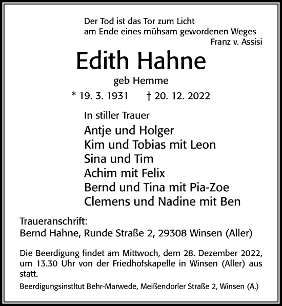 Traueranzeige von Edith Hahne von Cellesche Zeitung
