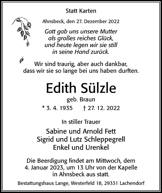 Traueranzeige von Edith Sülzle von Cellesche Zeitung
