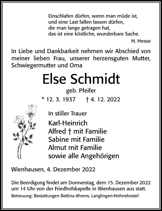 Traueranzeige von Else Schmidt von Cellesche Zeitung