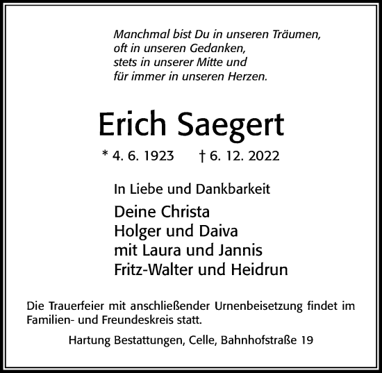 Traueranzeige von Erich Saegert von Cellesche Zeitung