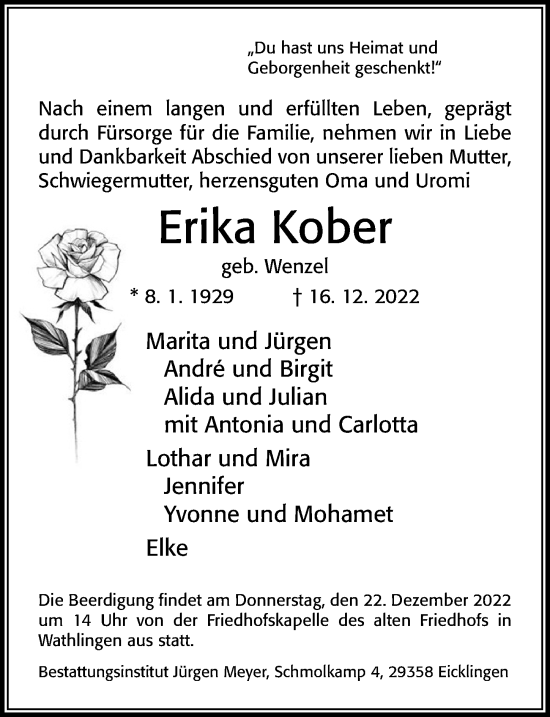 Traueranzeige von Erika Kober von Cellesche Zeitung
