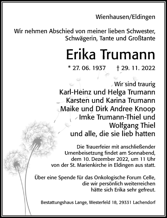 Traueranzeige von Erika Trumann von Cellesche Zeitung