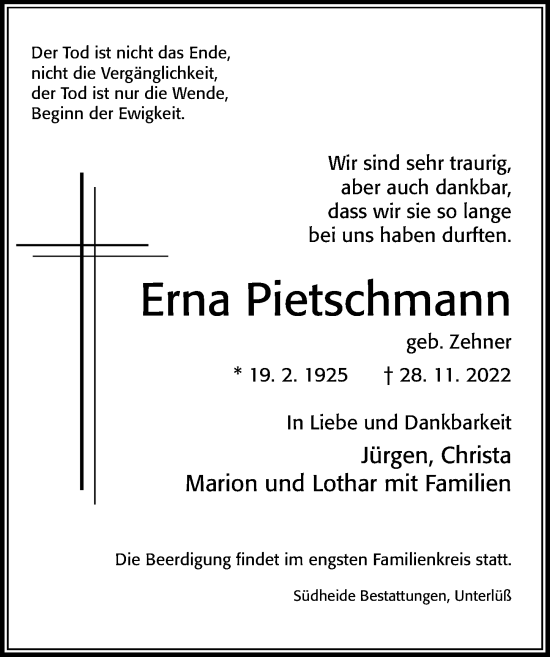 Traueranzeige von Erna Pietschmann von Cellesche Zeitung