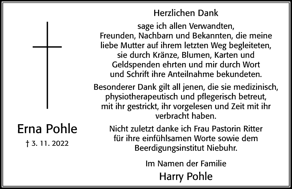  Traueranzeige für Erna Pohle vom 03.12.2022 aus Cellesche Zeitung