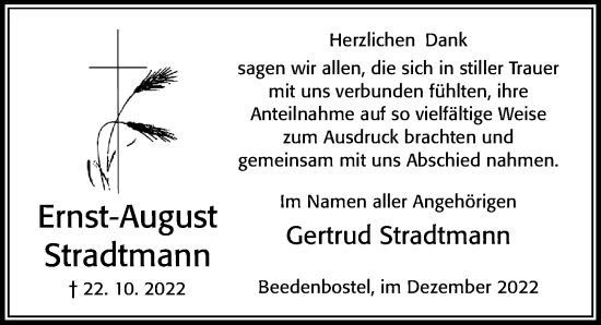 Traueranzeige von Ernst-August Stradtmann von Cellesche Zeitung