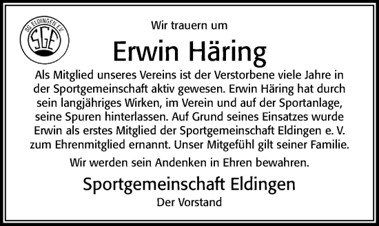 Traueranzeige von Erwin Häring von Cellesche Zeitung