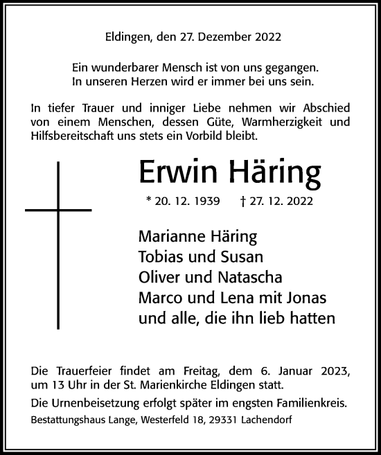 Traueranzeige von Erwin Häring von Cellesche Zeitung