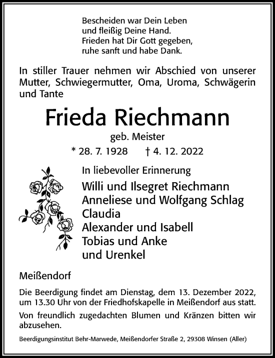 Traueranzeige von Frieda Riechmann von Cellesche Zeitung
