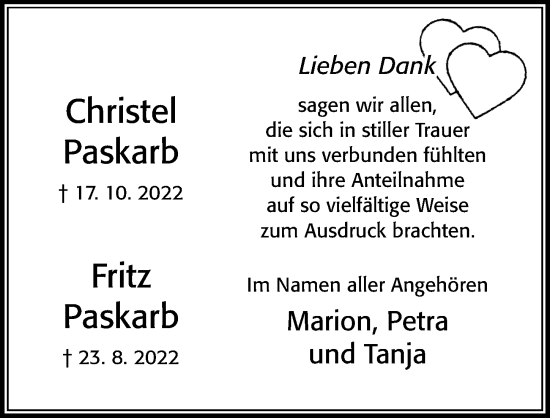 Traueranzeige von Fritz Paskarb von Cellesche Zeitung