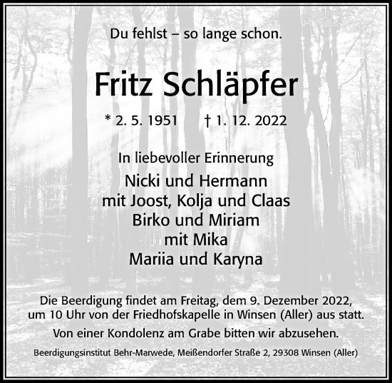 Traueranzeige von Fritz Schläpfer von Cellesche Zeitung
