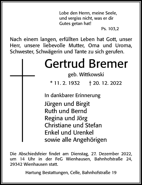 Traueranzeige von Gertrud Bremer von Cellesche Zeitung