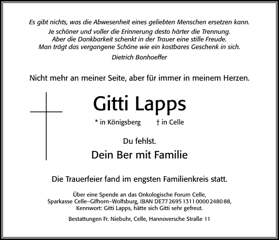 Traueranzeige von Gitti Lapps von Cellesche Zeitung