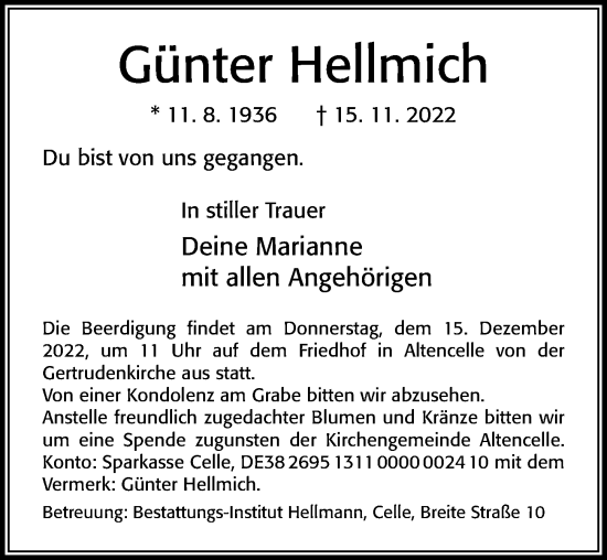 Traueranzeige von Günter Hellmich von Cellesche Zeitung
