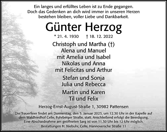 Traueranzeige von Günter Herzog von Cellesche Zeitung