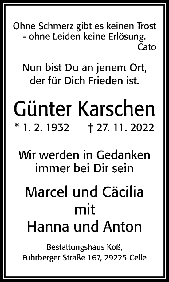 Traueranzeige von Günter Karschen von Cellesche Zeitung