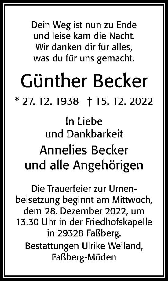 Traueranzeige von Günther Becker von Cellesche Zeitung