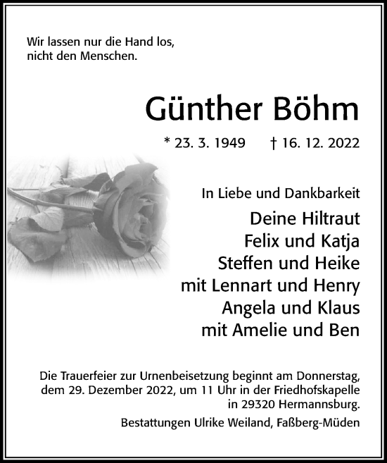 Traueranzeige von Günther Böhm von Cellesche Zeitung