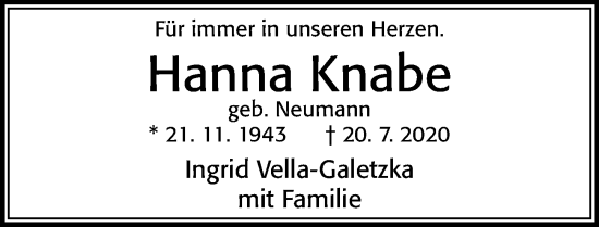 Traueranzeige von Hanna Knabe von Cellesche Zeitung