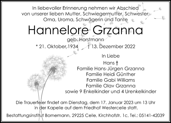 Traueranzeige von Hannelorre Grzanna von Cellesche Zeitung