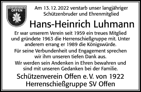 Traueranzeige von Hans-Heinrich Luhmann von Cellesche Zeitung