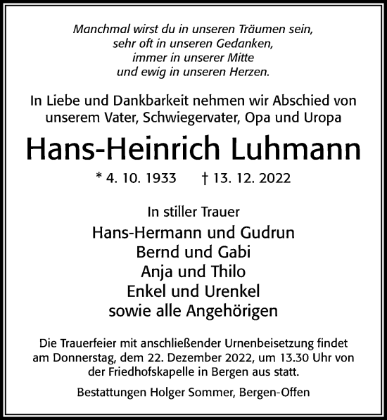 Traueranzeige von Hans-Heinrich Luhmann von Cellesche Zeitung