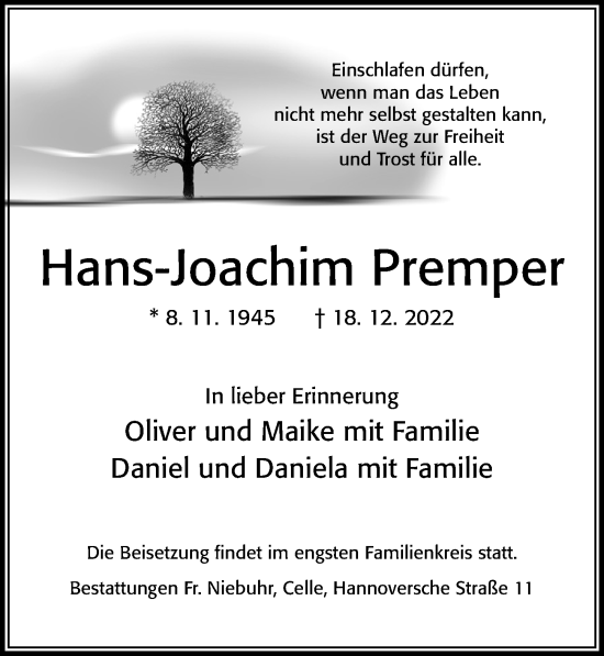Traueranzeige von Hans-Joachim Premper von Cellesche Zeitung