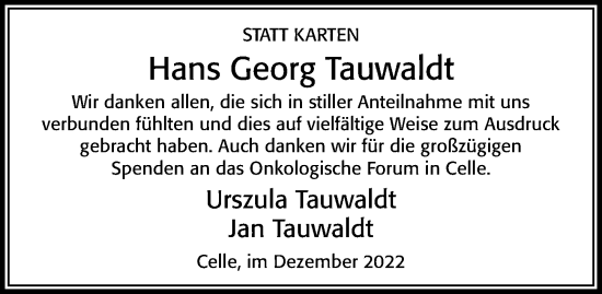 Traueranzeige von Hans Georg Tauwaldt von Cellesche Zeitung